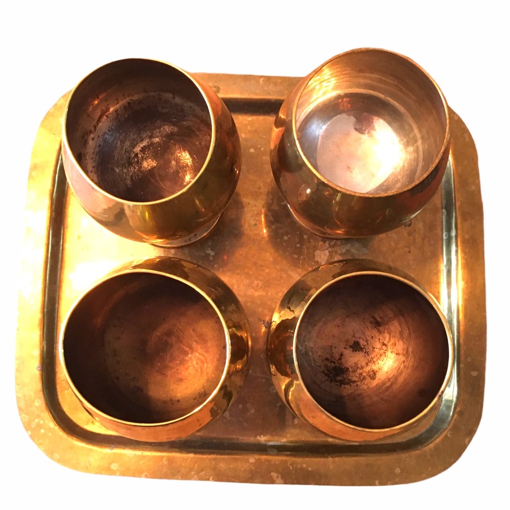 Gold Brass Goblet Cups and Tray - Picture 2 of 3